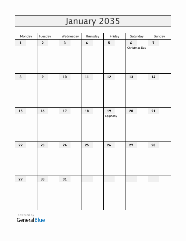 Ethiopia January 2035 Calendar with Holidays