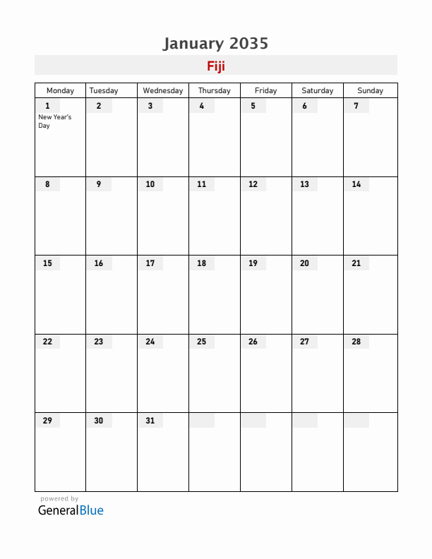 Fiji January 2035 Calendar with Holidays