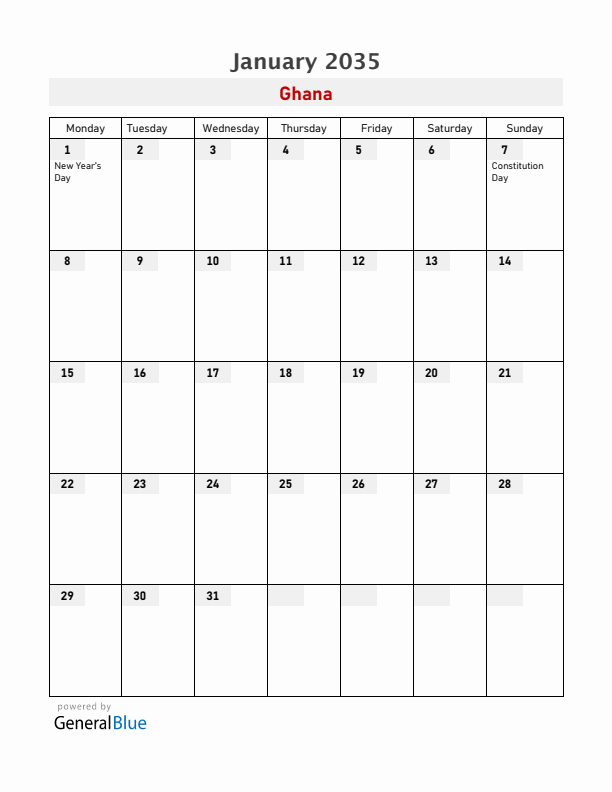 Ghana January 2035 Calendar with Holidays