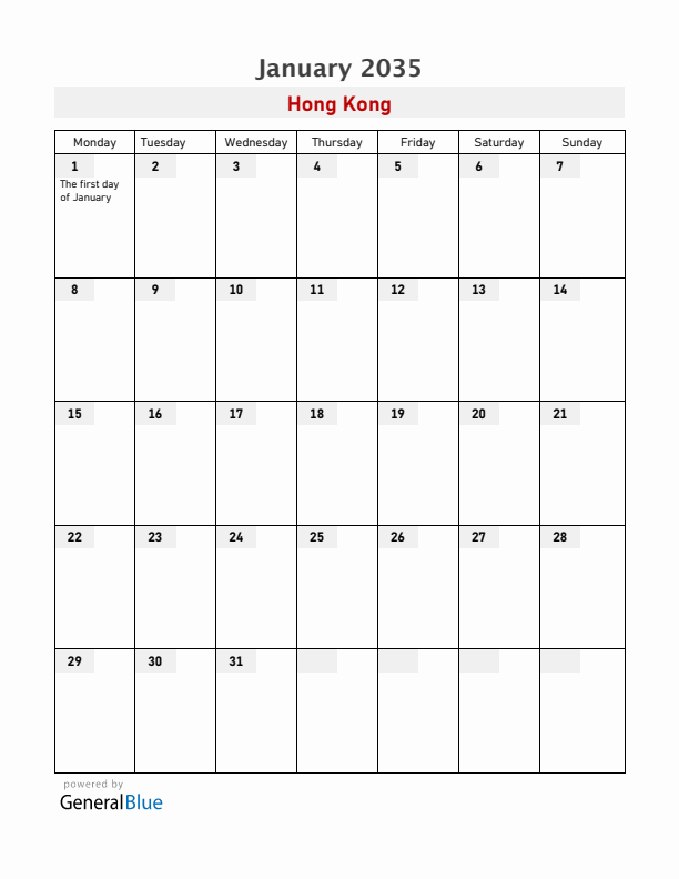 Hong Kong January 2035 Calendar with Holidays