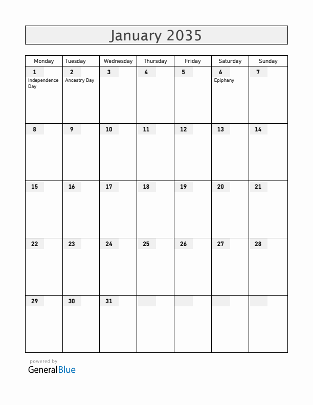 Haiti January 2035 Calendar with Holidays