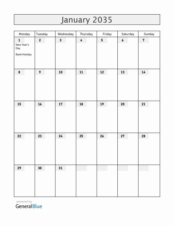 Ireland January 2035 Calendar with Holidays