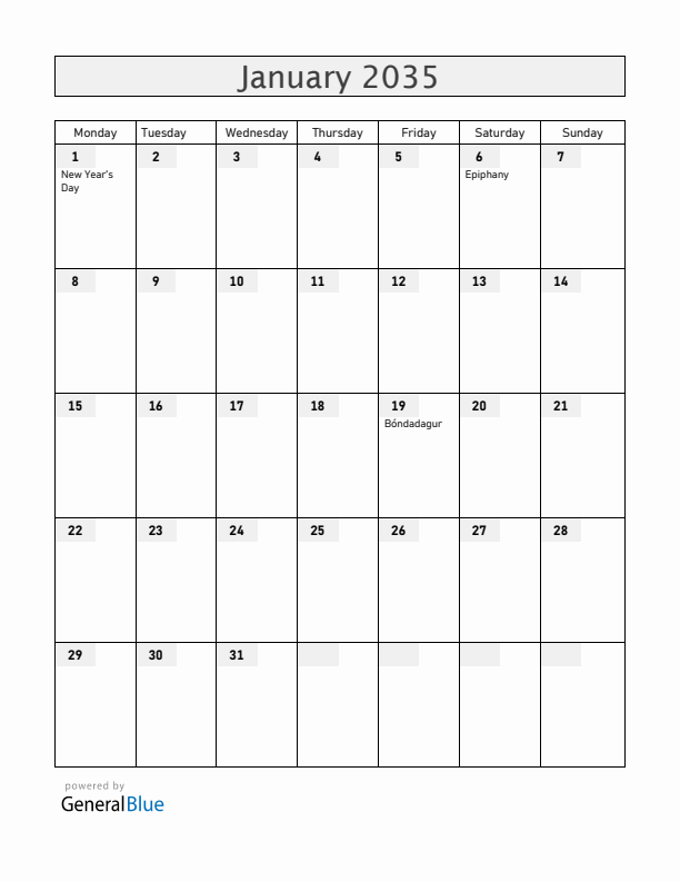 Iceland January 2035 Calendar with Holidays