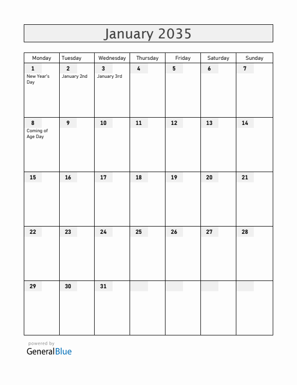 Japan January 2035 Calendar with Holidays