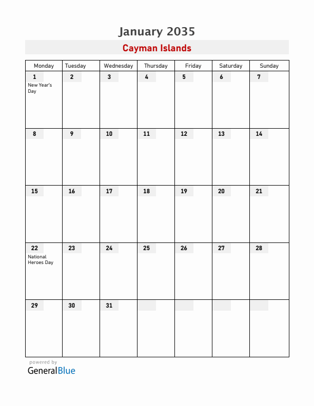Cayman Islands January 2035 Calendar with Holidays
