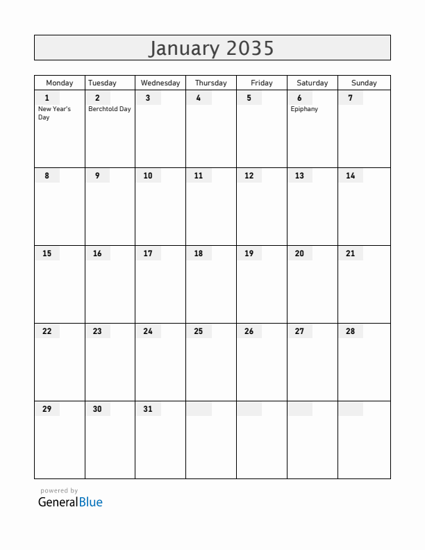 Liechtenstein January 2035 Calendar with Holidays