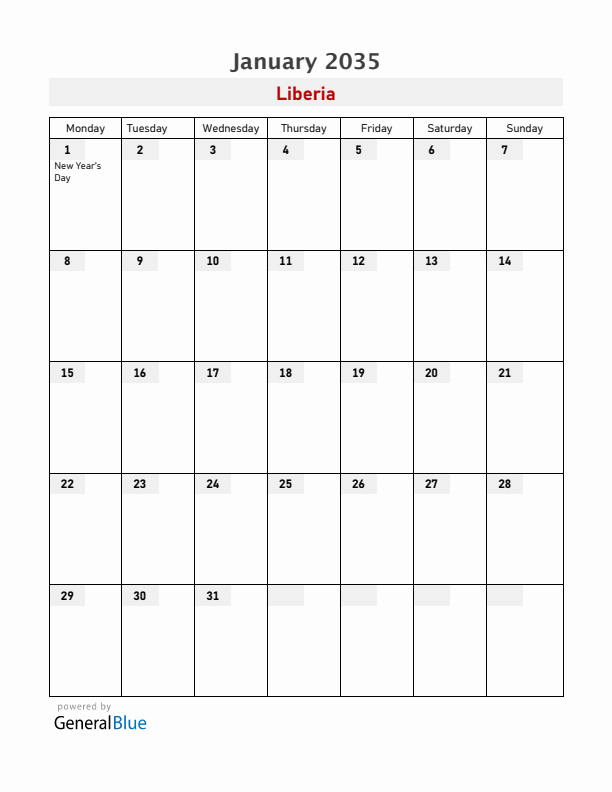 Liberia January 2035 Calendar with Holidays