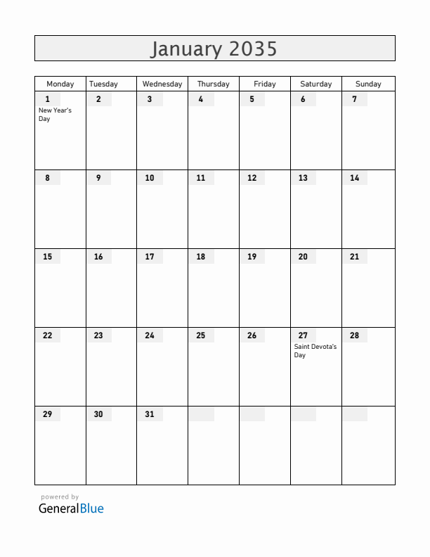Monaco January 2035 Calendar with Holidays