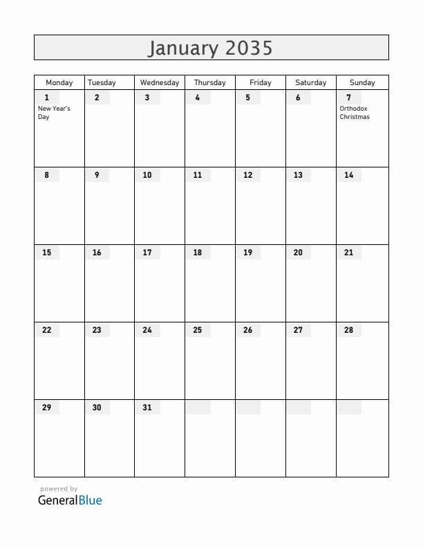 Moldova January 2035 Calendar with Holidays