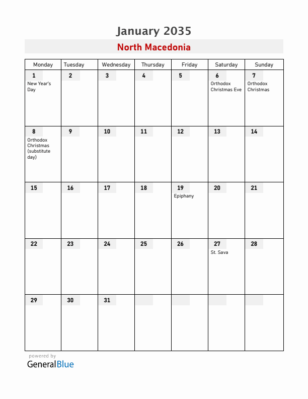 North Macedonia January 2035 Calendar with Holidays