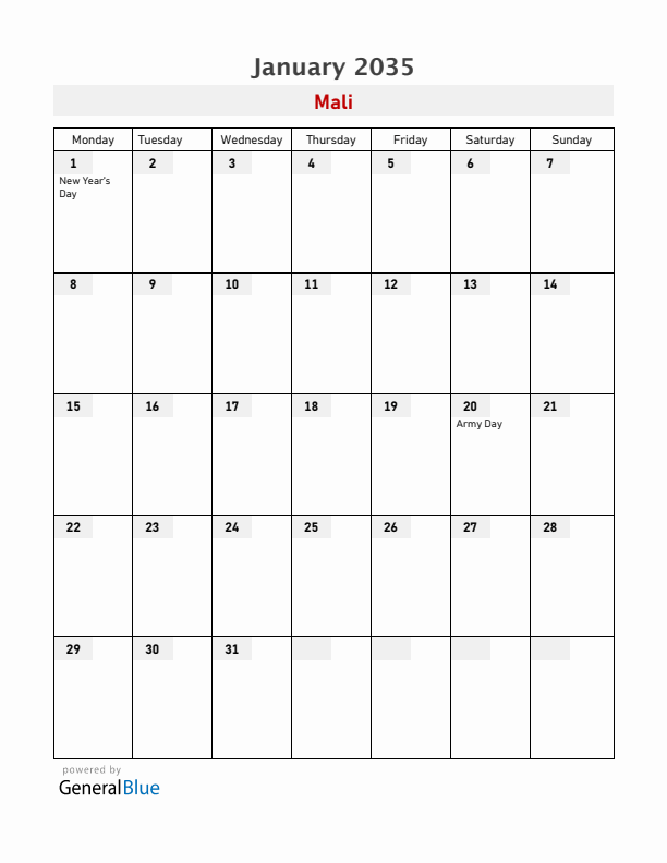 Mali January 2035 Calendar with Holidays