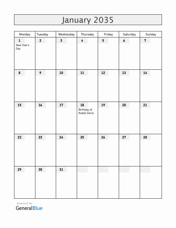 Nicaragua January 2035 Calendar with Holidays