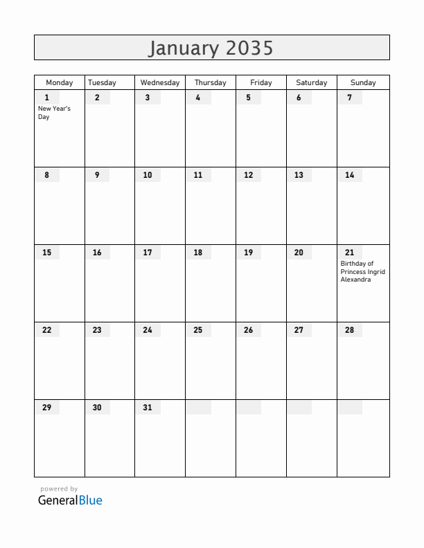 Norway January 2035 Calendar with Holidays