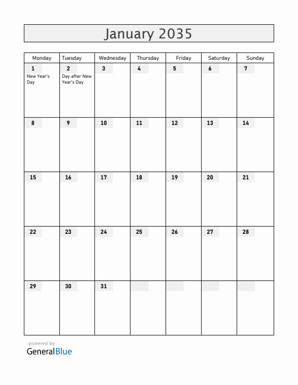New Zealand January 2035 Calendar with Holidays