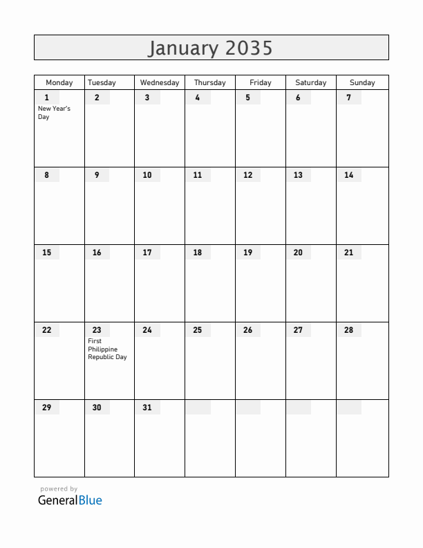 Philippines January 2035 Calendar with Holidays