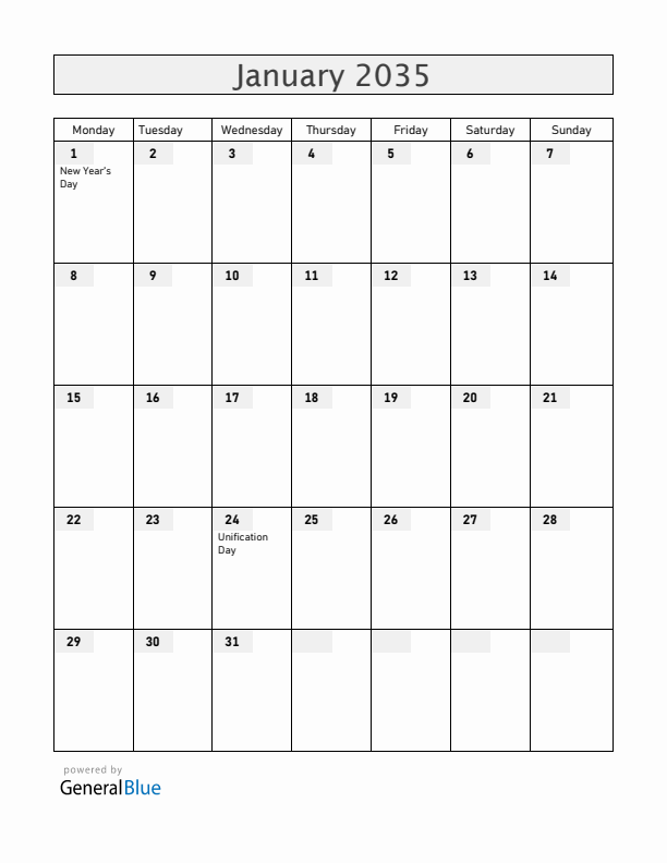 Romania January 2035 Calendar with Holidays