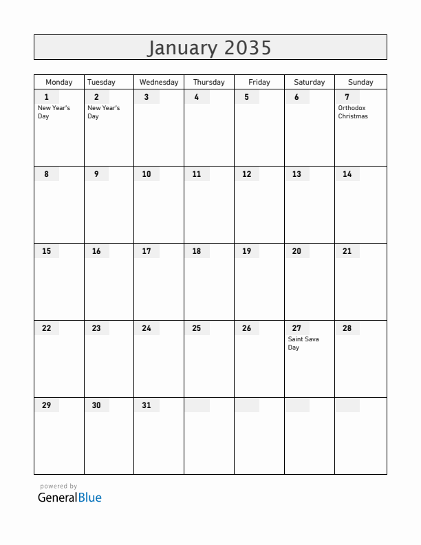 Serbia January 2035 Calendar with Holidays
