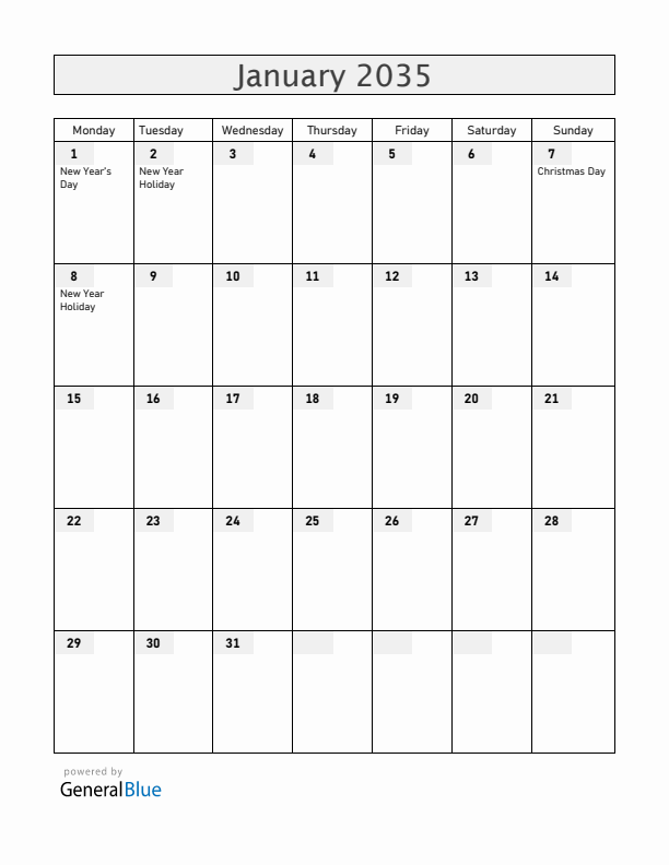 Russia January 2035 Calendar with Holidays