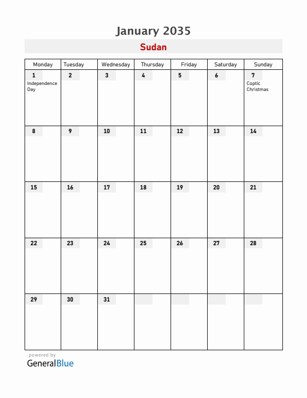Sudan January 2035 Calendar with Holidays