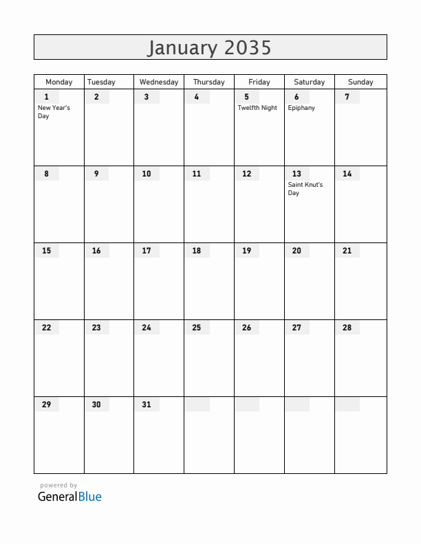 Sweden January 2035 Calendar with Holidays