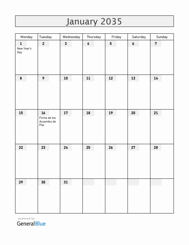 El Salvador January 2035 Calendar with Holidays