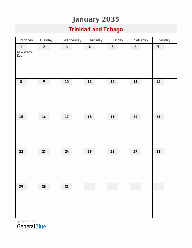 Trinidad and Tobago January 2035 Calendar with Holidays