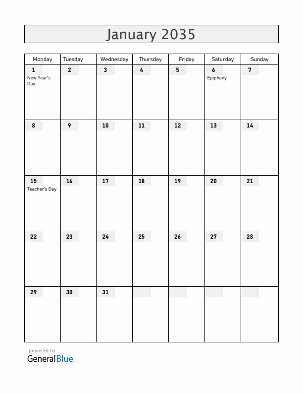 Venezuela January 2035 Calendar with Holidays
