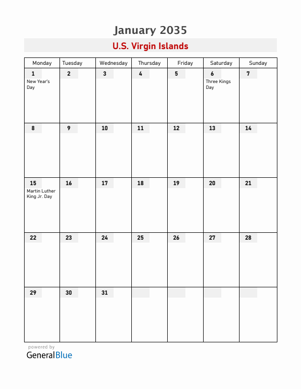 U.S. Virgin Islands January 2035 Calendar with Holidays