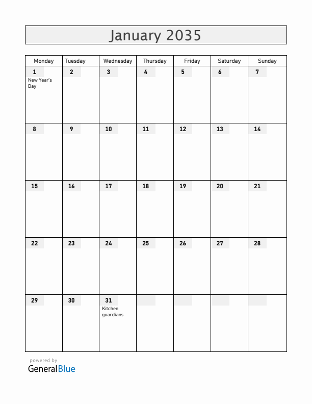 Vietnam January 2035 Calendar with Holidays
