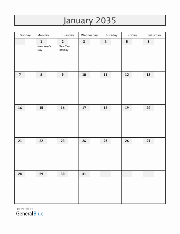 Albania January 2035 Calendar with Holidays