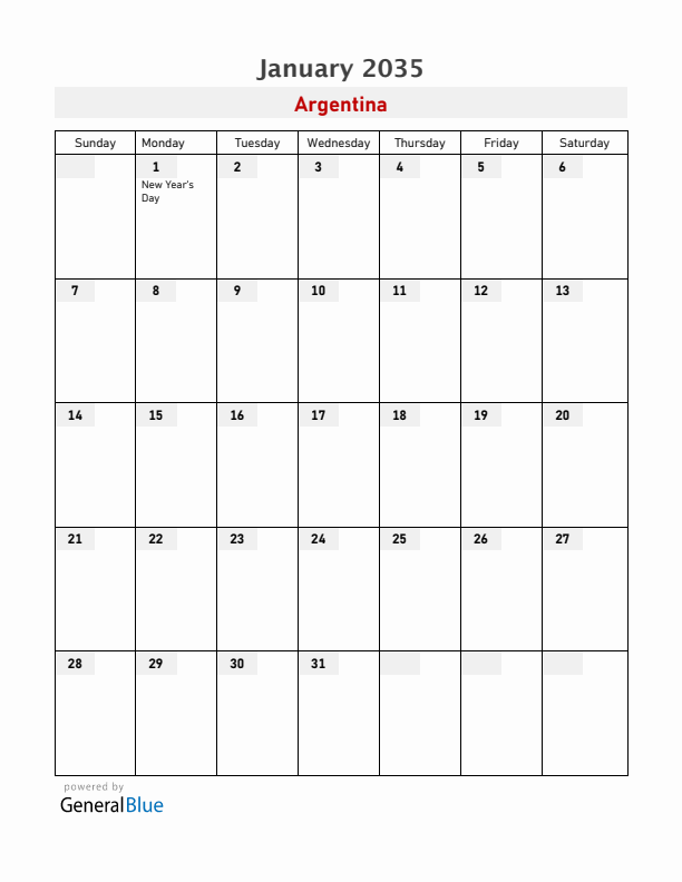 Argentina January 2035 Calendar with Holidays