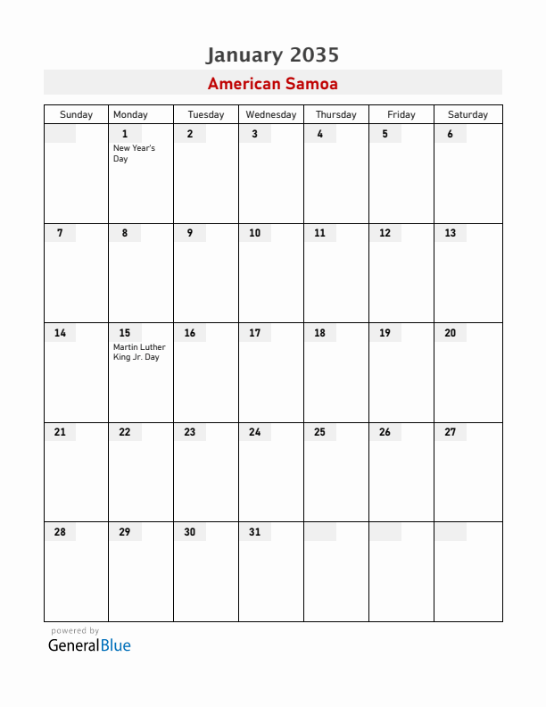 American Samoa January 2035 Calendar with Holidays