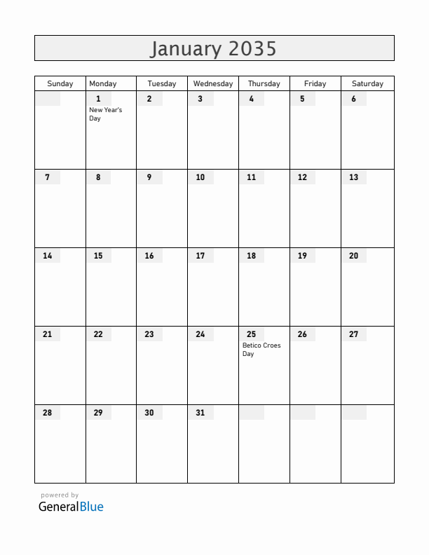 Aruba January 2035 Calendar with Holidays
