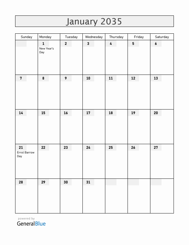 Barbados January 2035 Calendar with Holidays