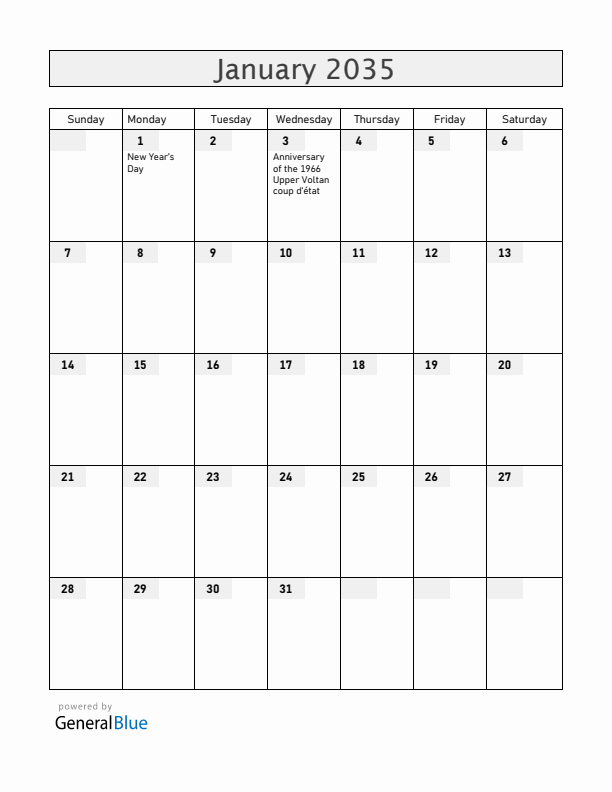 Burkina Faso January 2035 Calendar with Holidays