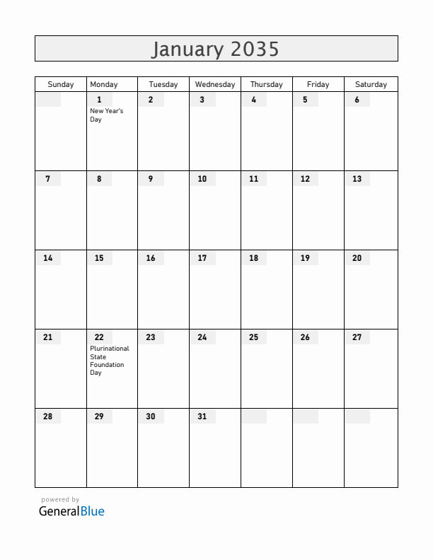 Bolivia January 2035 Calendar with Holidays