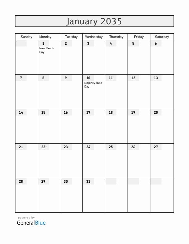 Bahamas January 2035 Calendar with Holidays