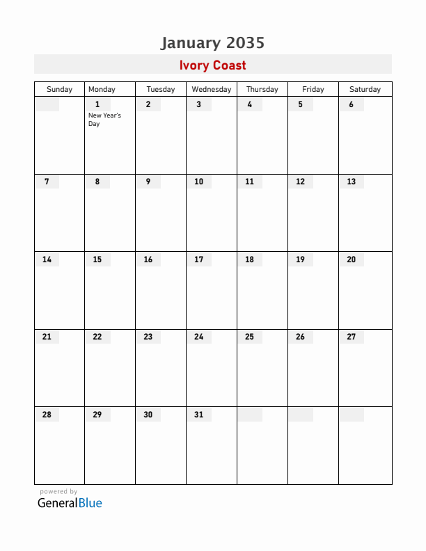 Ivory Coast January 2035 Calendar with Holidays