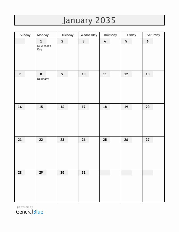 Colombia January 2035 Calendar with Holidays