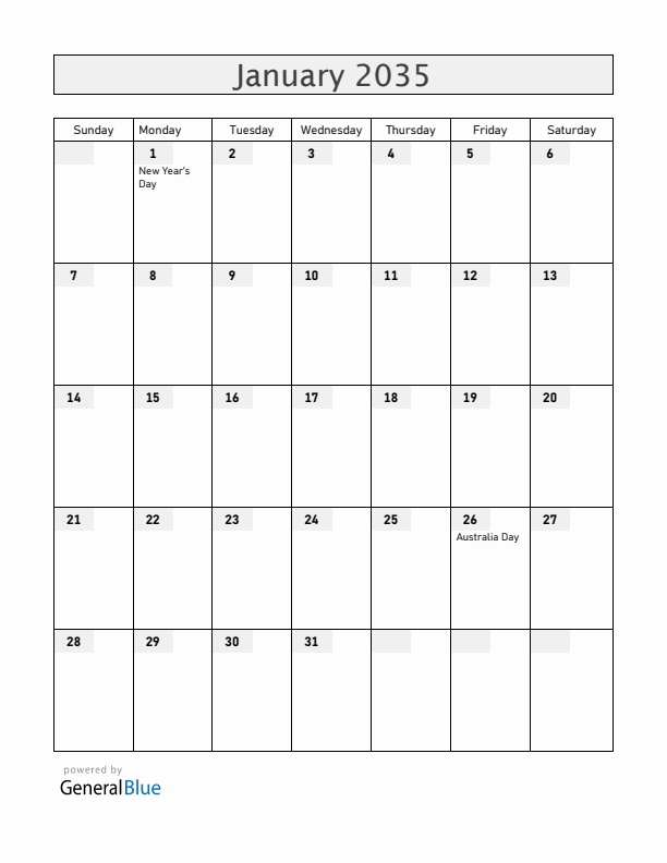 Christmas Island January 2035 Calendar with Holidays