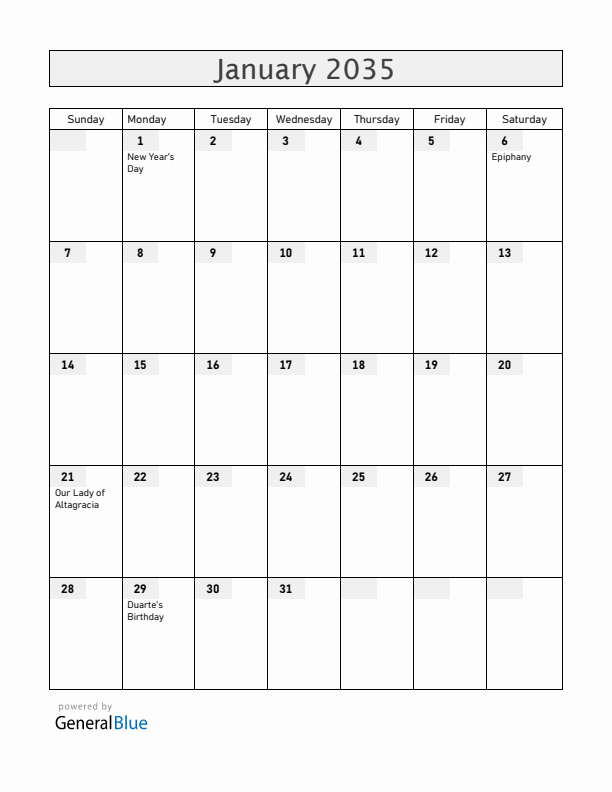 Dominican Republic January 2035 Calendar with Holidays