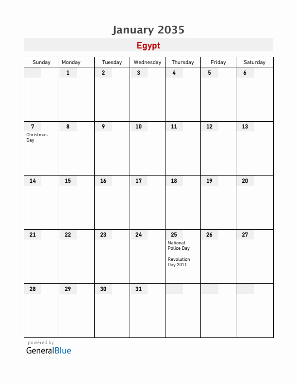Egypt January 2035 Calendar with Holidays