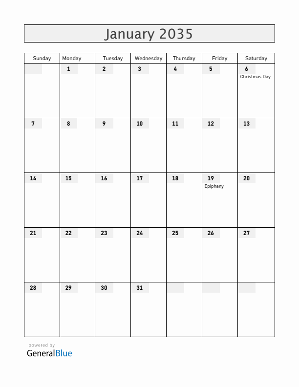 Ethiopia January 2035 Calendar with Holidays