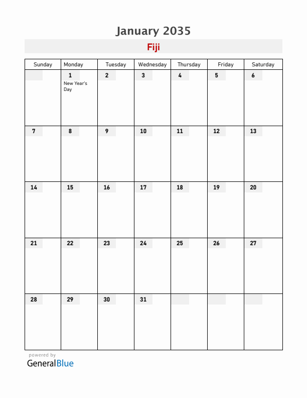 Fiji January 2035 Calendar with Holidays