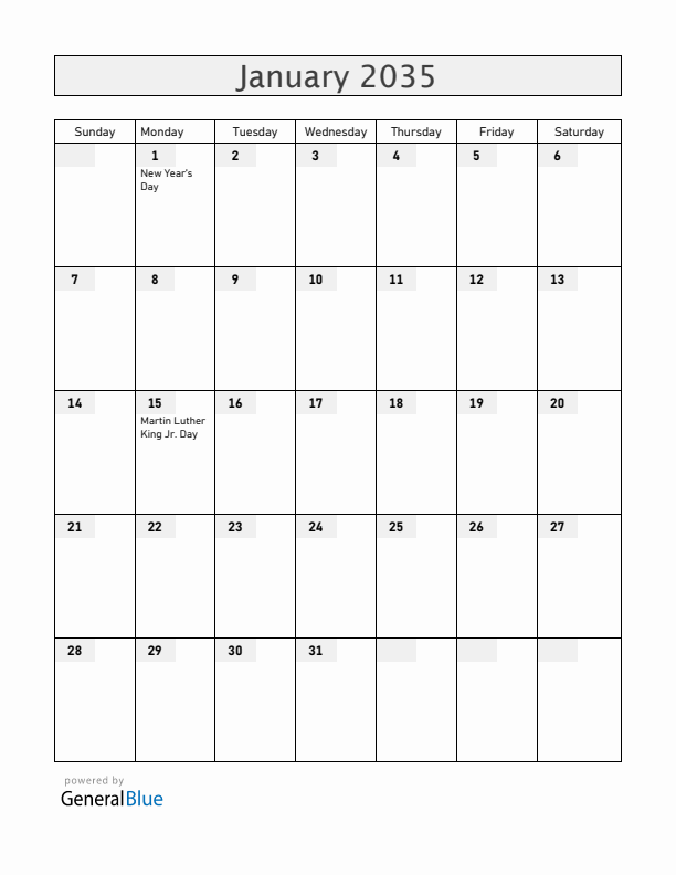 Guam January 2035 Calendar with Holidays