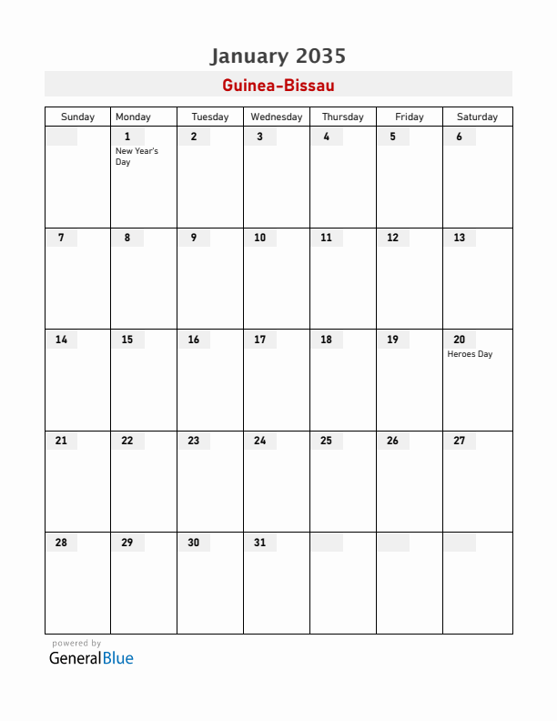 Guinea-Bissau January 2035 Calendar with Holidays