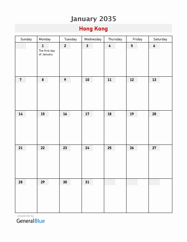 Hong Kong January 2035 Calendar with Holidays