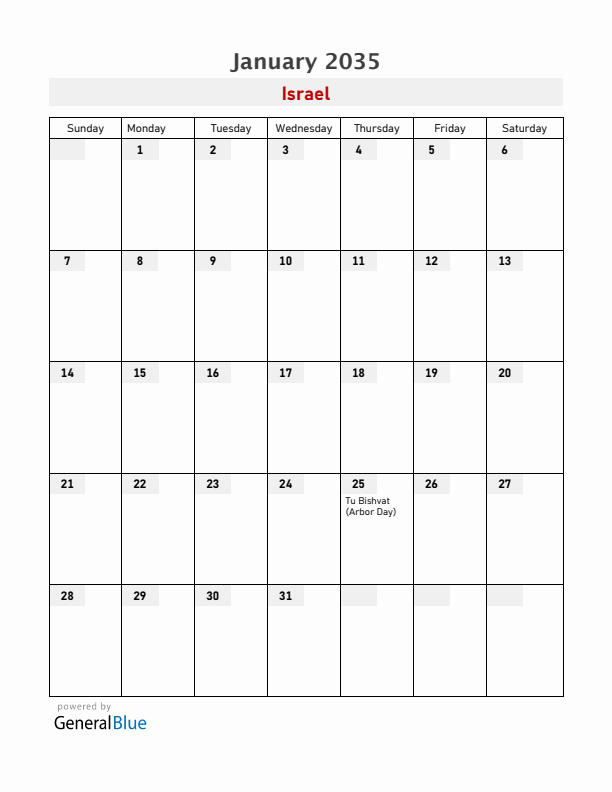 Israel January 2035 Calendar with Holidays