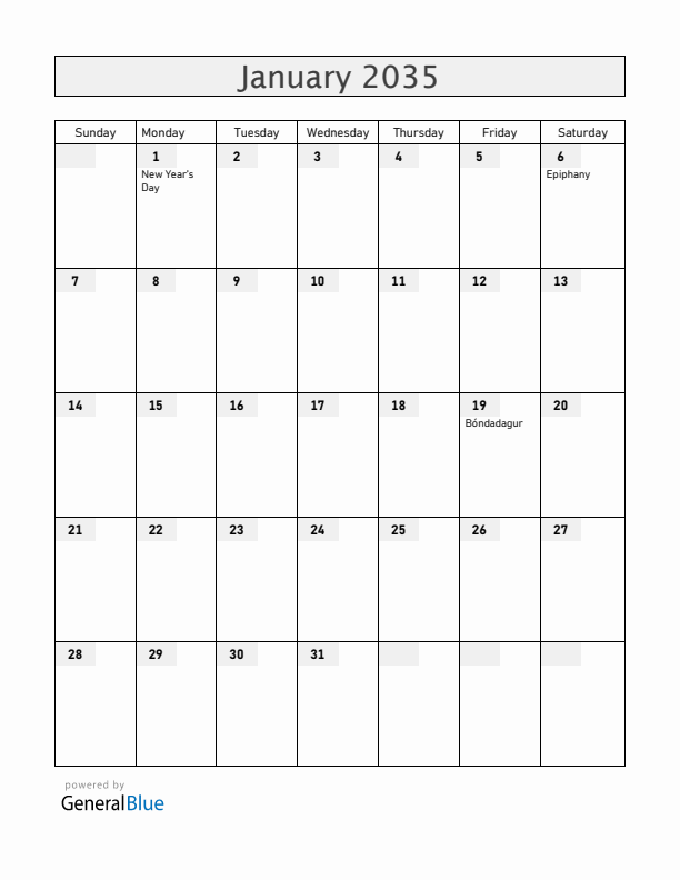 Iceland January 2035 Calendar with Holidays