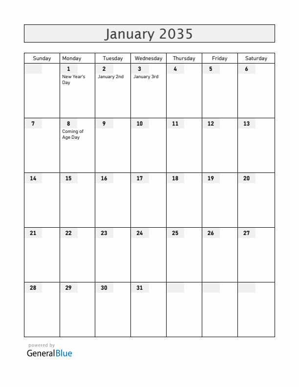 Japan January 2035 Calendar with Holidays